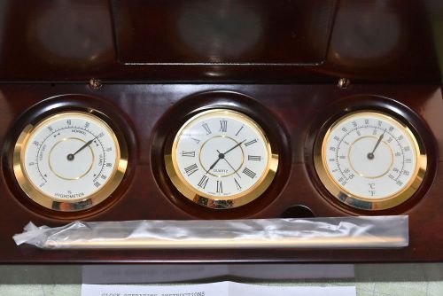 Executive Wood Desk Set with Pen, Hygrometer, Clock, and Thermometer