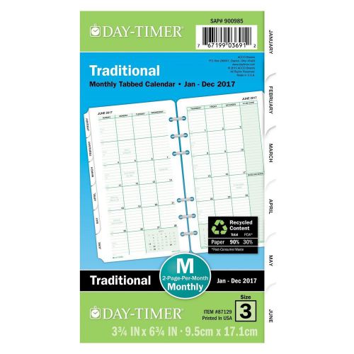 Day-Timer Monthly Refill 2017, Loose Leaf, 3-3/4 x 6-3/4&#034;, Size 3, Traditional