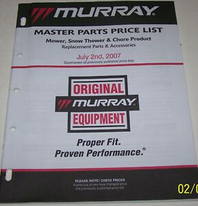 MURRAY MOWER, SNOWTHOWER, CHORE PRODUCT MASTER PARTS PRICE LIST YEAR 2007