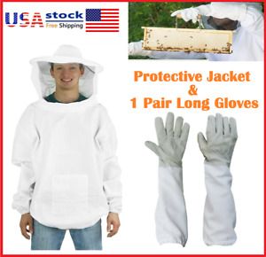 Beekeeping Protective Jacket Veil Suit &amp; 1 Pair Beekeeping Long Sleeve Gloves US