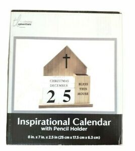 Inspirational Perpetual Desk Calendar Wooden Block Pencil Holder Religious