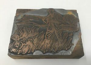 Vintage Copper Letterpress Printing Block Hunter with Hunting Dog Rifle Gun