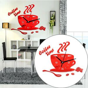 3D Coffee Sticker Mute Household Kitchen Cup Shape Wall Clock Home Decor Acrylic