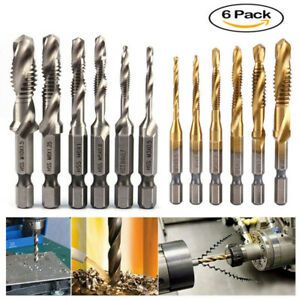 6Pack Screw Tap Drill Bits 1/4&#039;&#039; Metric Hex Shank Spiral Combination Thread Tool