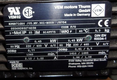 VEM 02 Motor 0.6 HP 230/450VAC 3PH