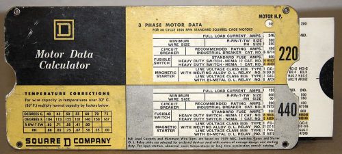 Motor Data Paper Calculator-Vintage-&#034;Square D Company-Three Phase&#034; 1960   (W13)