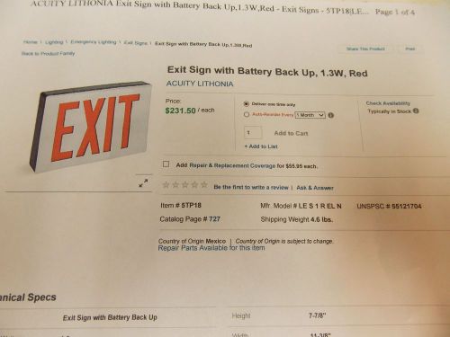 NIB lithonia lighting LED exit sign with battery back up LES 1R 120/277 EL N