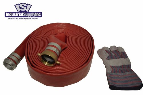 2&#034; x 50ft USA Red Discharge Hose Pin Lug w/Striped Leather Gloves (FS)