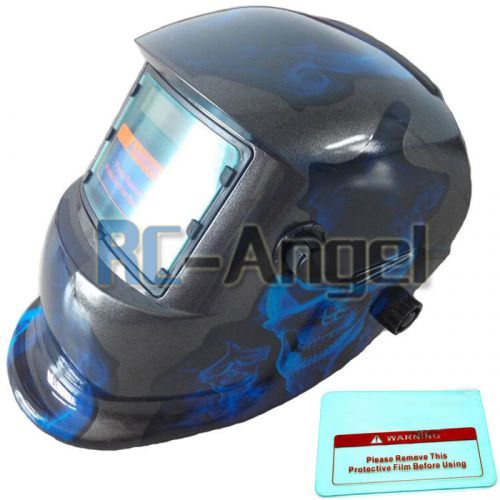 Solar auto darkening welding helmet arc tig mig mask grinding blue skull + 1 len for sale