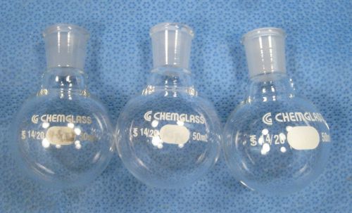 Chemglass  50 ml  round  bottom  flasks  all  14/20    x3         f for sale