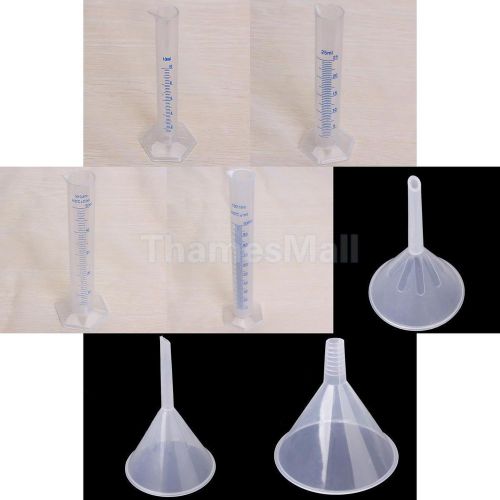 4x graduated cylinder 10, 25, 50, 100 ml+ 3x plastic funnel 75, 90,150ml for lab for sale