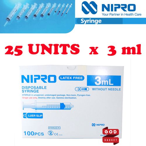 25 x 3ml Nipro Syringe Luer slip Tip Hypodermic NO Needle Sterile Latex Free 3CC