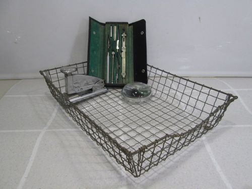 Vintage wire paper tray, scout stapler, magnifier, &amp; post drafting for sale