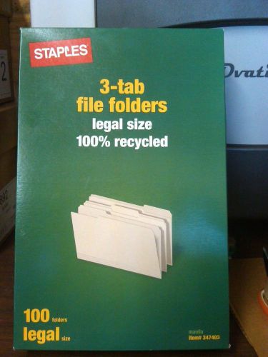Staples 3-Tab Manila Legal Size File Folders 100% Recycled (Model# 3470403)