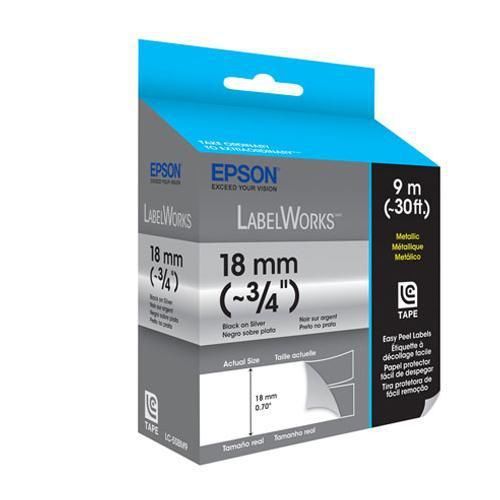 Epson labelworks lc-5sbm9 metallic lc tape cartridge, 3/4&#034; black on silver for sale