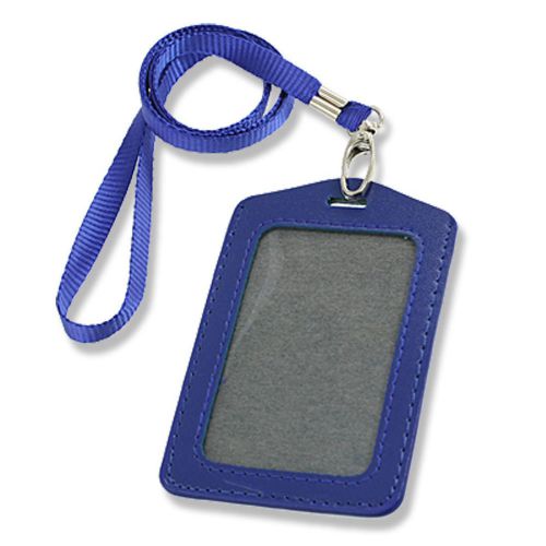Blue faux leather badge id card vertical holders neck strap 2 pcs sy for sale
