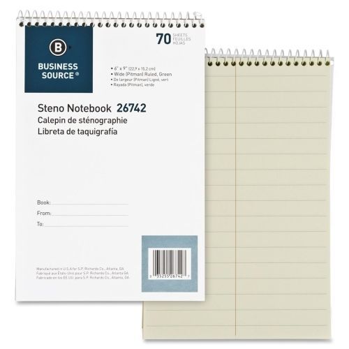 Business Source Steno Notebook- Pitman Ruled -6&#034;x9&#034;- Green Paper- BSN26742