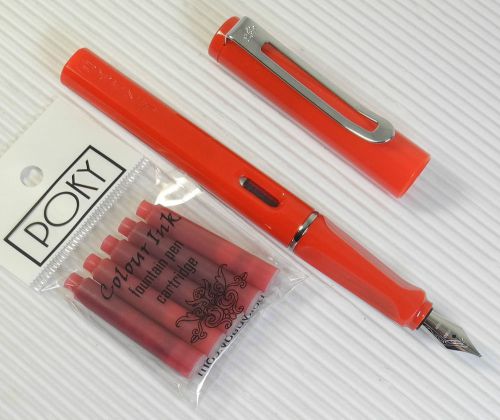 JINHAO 599B Fountain pen RED plastic barrel free 5 POKY cartridges RED ink
