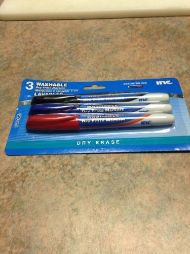 Inc. 3 washable dry erase markers, fine tip, black, blue and red, new in package for sale