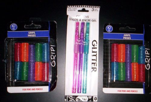 20~SPIRAL TYPE GEL~Pen &amp; Pencil Grips and 3 Gel Glitter Pens~