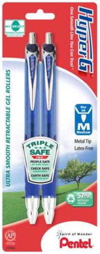 HyperG Retractable Gel Roller Pen Medium Line Permanent Blue Ink 2 Pack Carded