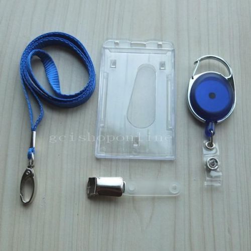 One set lanyard + id card badge holder + retractable clip reel strap blue vl2 for sale