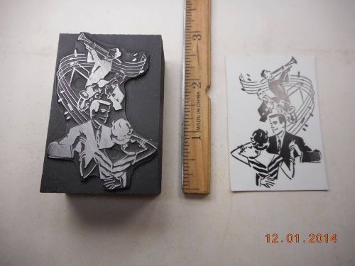 Letterpress Printing Printers Block, Music Staff Whirls by Band &amp; Dancing Couple