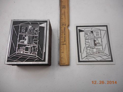 Letterpress Printing Printers Block, First Aid Medicine Cabinet w Bottles, Boxes