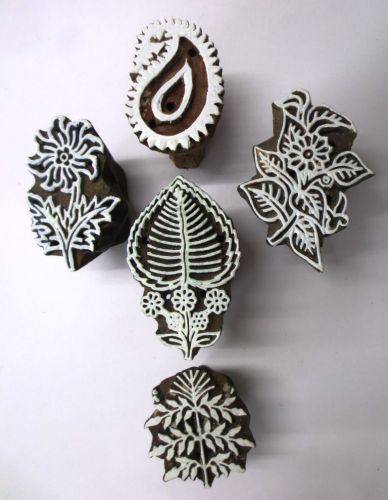 SET OF 5 INDIAN WOODEN HAND CARVED TEXTILE PRINTING FABRIC BLOCK STAMP PATTERNS