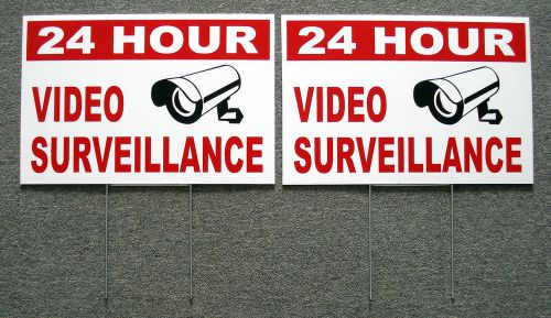 (2) 24 HOUR VIDEO SURVEILLANCE Coroplast SIGNS 12x18 w/Stakes NEW white