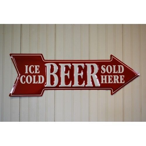 SHIPS WORLDWIDE!~Ice Cold Beer Large Arrow Tin Sign!~ 27&#034; Wide x 9&#034; High!