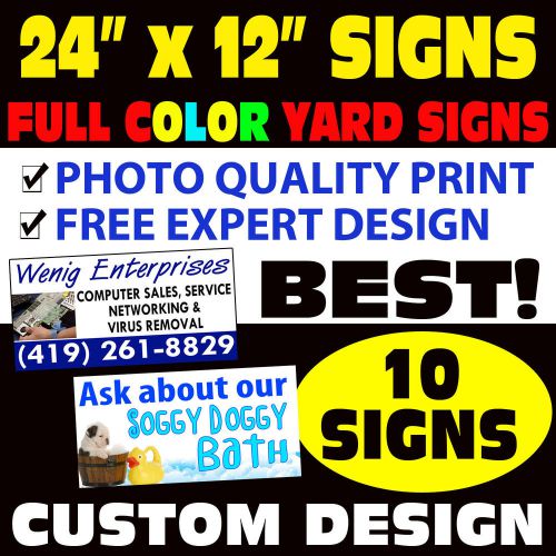 (10) CUSTOM 2-SIDED COLOR BANDIT YARD SIGNS 24x12 + STANDS &amp; FREE EXPERT DESIGN