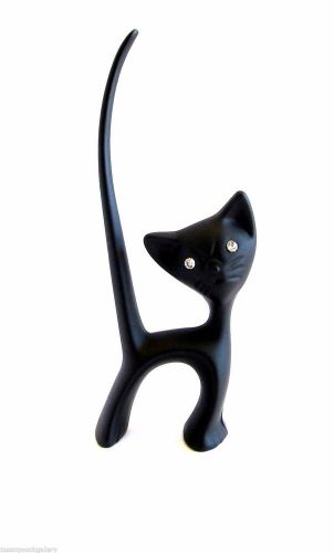 Black plated standing cat with diamanti eyes &amp; long tail  ring holder - boxed for sale