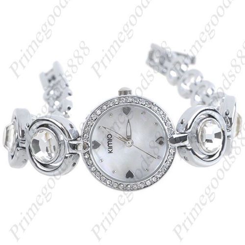 Silver round alloy band rhinestone wrist analog quartz wristwatch women&#039;s white for sale