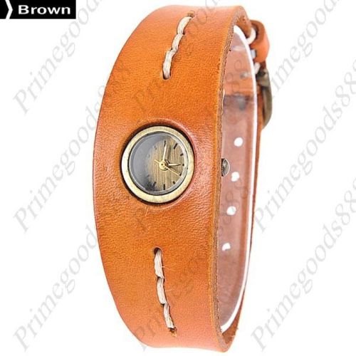 Wide fish pu leather lady ladies analog wrist quartz wristwatch women&#039;s brown for sale