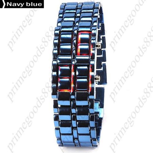 Unisex Digital Red LED Wrist Wristwatch Alloy Band Faceless Bracelet Navy Blue