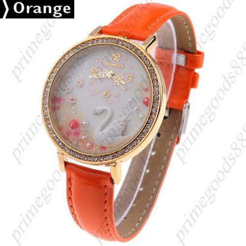 Swan Flower Flowers PU Leather Quartz Wrist Round Wristwatch Women&#039;s In Orange