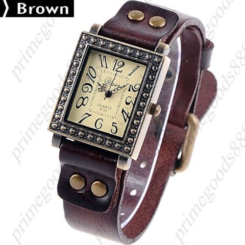 Square Vintage PU Leather Free Shipping Wrist Quartz Wristwatch Women&#039;s Brown