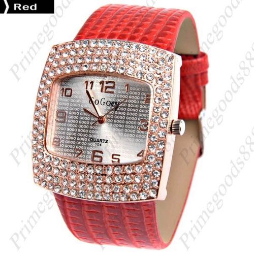 Square Case PU Leather Quartz Rhinestones Lady Ladies Wristwatch Women&#039;s Red