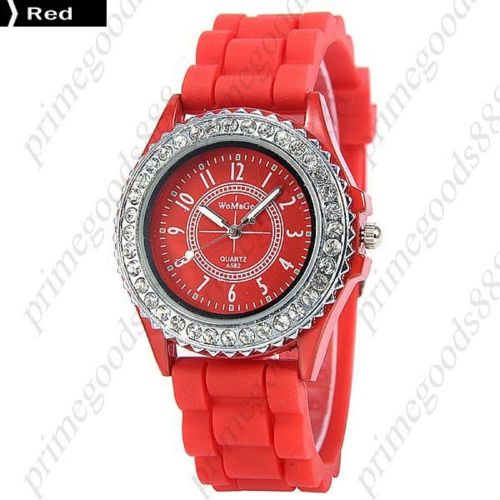 Silica Gel Rhinestones Analog Quartz Wrist Lady Ladies Wristwatch Women&#039;s Red