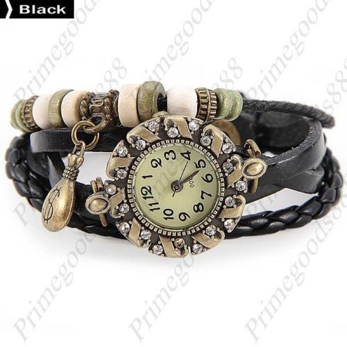 Crook Beads Purse Rhinestone PU Leather Lady Ladies Wristwatch Women&#039;s Black