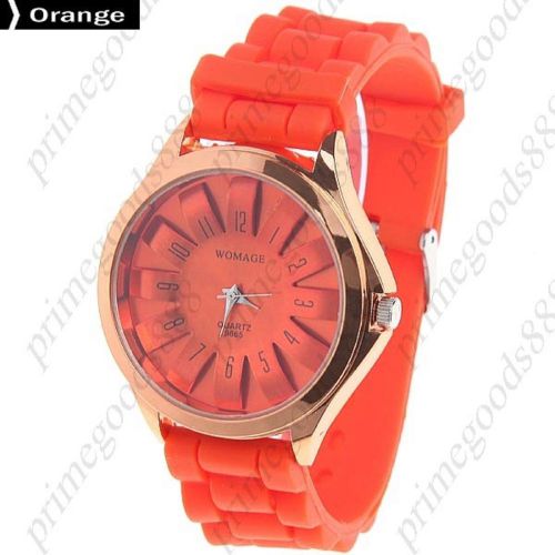 Round Case Quartz Wrist Watch Silicone Band Unisex in Orange Free Shipping