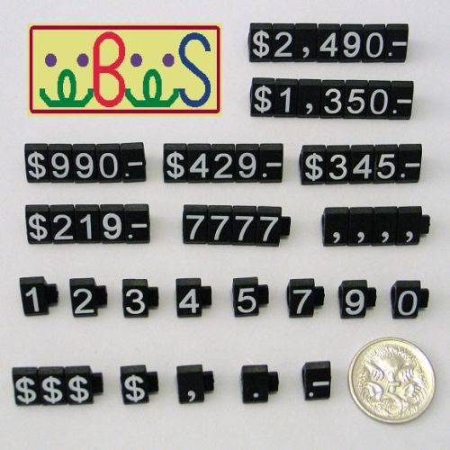 4x White Letter On Black Plastic Price Display Kits (340 Cubes/Kit) Tag Label