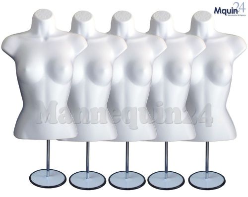 5 WHITE WOMAN Mannequin Forms w/5 Metal Stands +5 Hanging Hooks FEMALE Torso P76