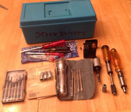 Plastic tool box with Screwdrivers, flashlight tool set and 6 attachment pieces