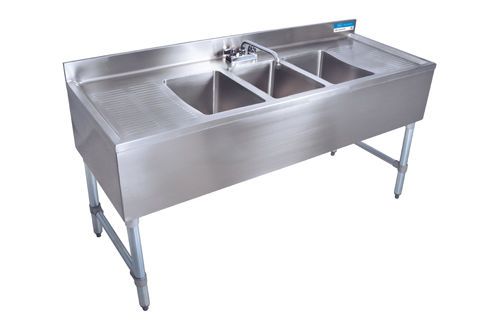 Stainless Steel 72&#034; Under Bar Sink Three (3) Compartment with Two Drainboards