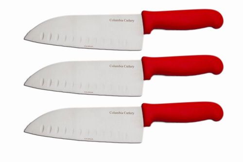 3 Columbia Cutlery 7.5&#034; Santoku Kitchen Knives - Red Handles - New and Sharp!