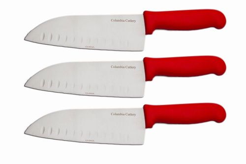 3 columbia cutlery 7.5&#034; santoku kitchen knives - red handles - new and sharp! for sale