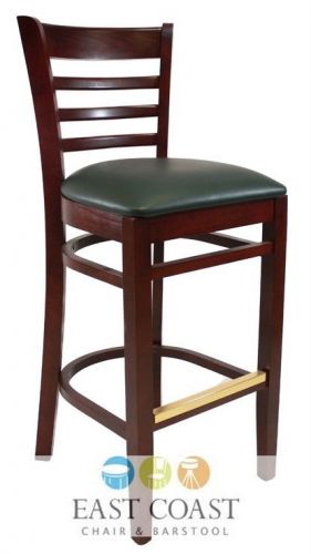 New wooden mahogany ladder back restaurant bar stool with green vinyl seat for sale