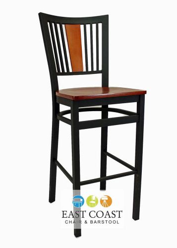 New Steel City Metal Restaurant Bar Stool with Black Frame &amp; Cherry Wood Seat